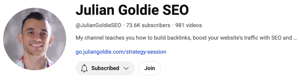 Youtube page of SEO influencer Julien Goldie with over 70k subscribers